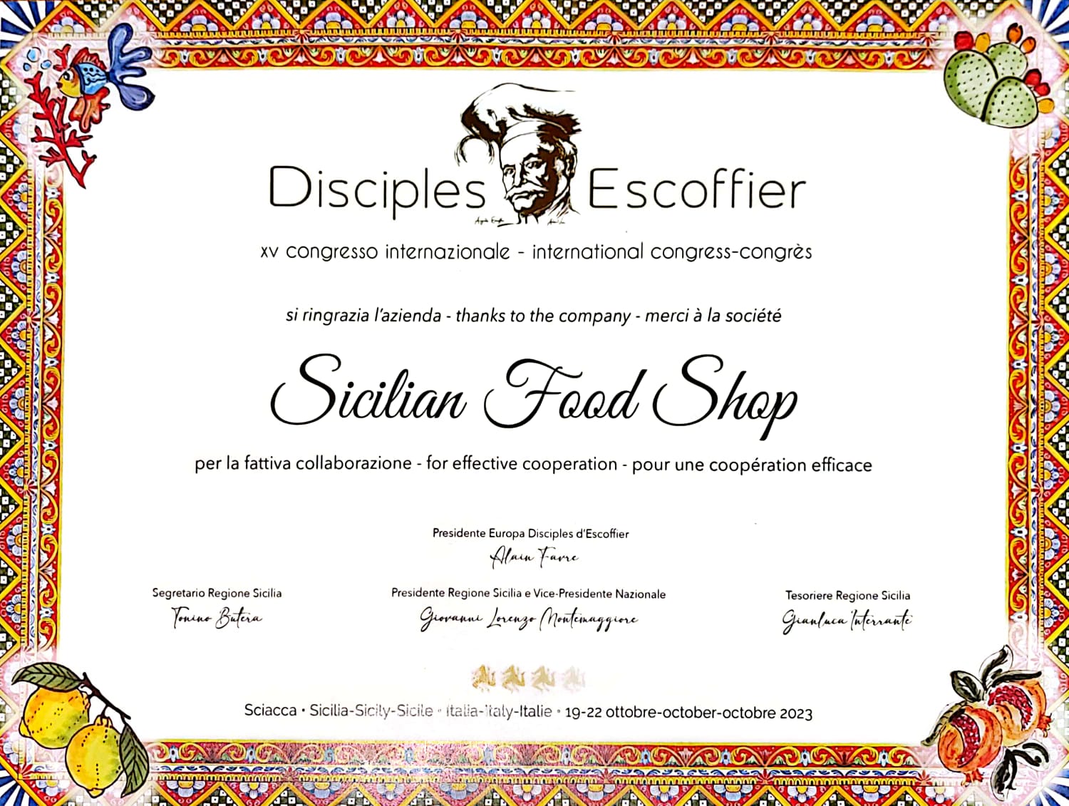 Sicilian Food Shop has obtained the 19th blue scarf of disciples of Auguste Escoffier Sicily as an operator of excellence in the Sicilian food and wine sector. Companies that supply excellence to our territory have offered a Palermo street food style lunch